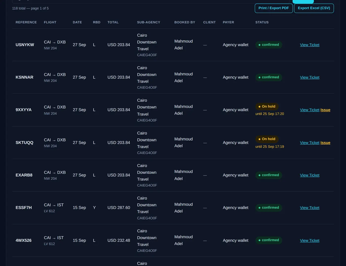 Bookings report with reference, flight, date, total, sub-agency, who booked, payer and status including two bookings on hold