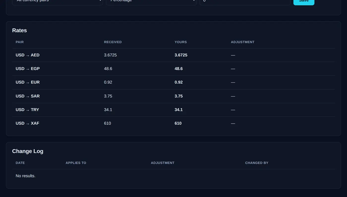 Exchange rates screen showing currency pairs with the rate received, the rate in use after adjustment, and a change log