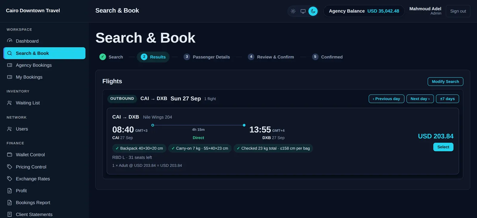 Flight search results showing Cairo to Dubai, 08:40 GMT+3 departing and 13:55 GMT+4 arriving, with a 4h 15m flight time, baggage allowance and fare