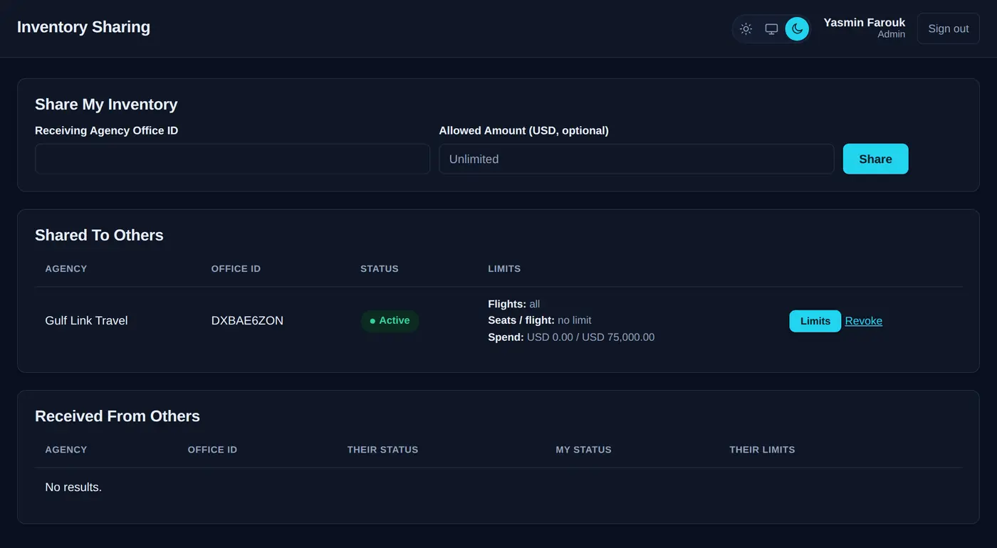 Inventory sharing screen showing a partner agency with its office ID, active status and the limits placed on the share