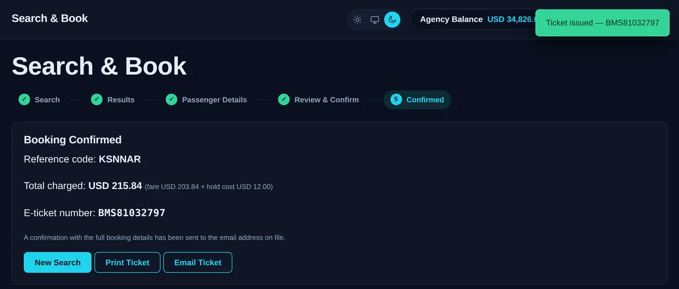 Booking confirmed screen showing the reference code, total charged broken into fare and hold cost, and the e-ticket number